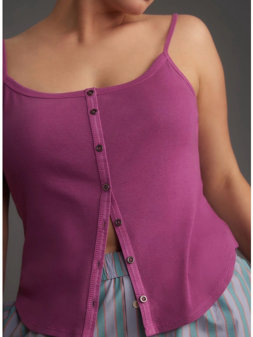 Pilcro Ribbed Button-Front Cami in Raspberry - Sz Large - Picture 3 of 11